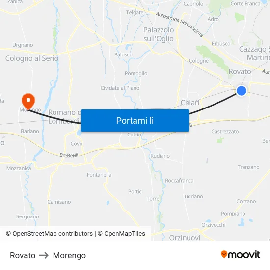 Rovato to Morengo map