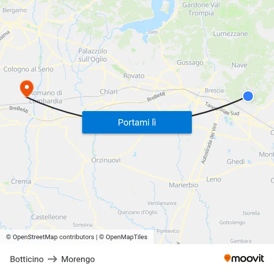 Botticino to Morengo map