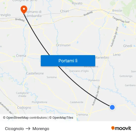 Cicognolo to Morengo map
