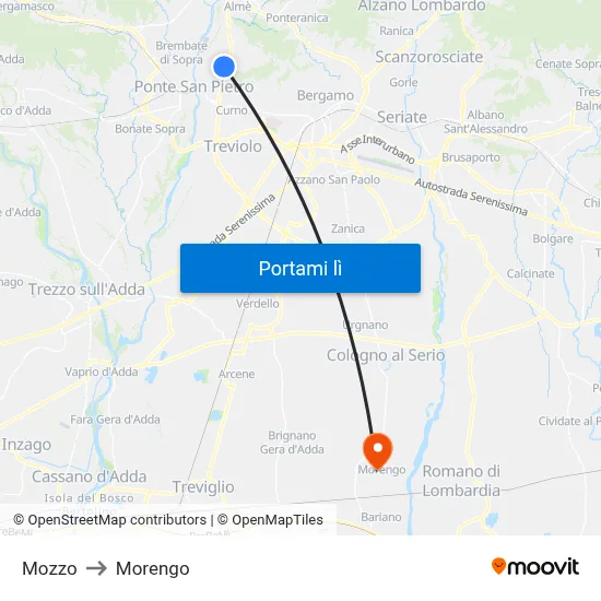 Mozzo to Morengo map