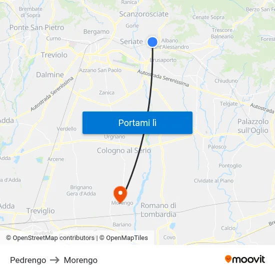 Pedrengo to Morengo map