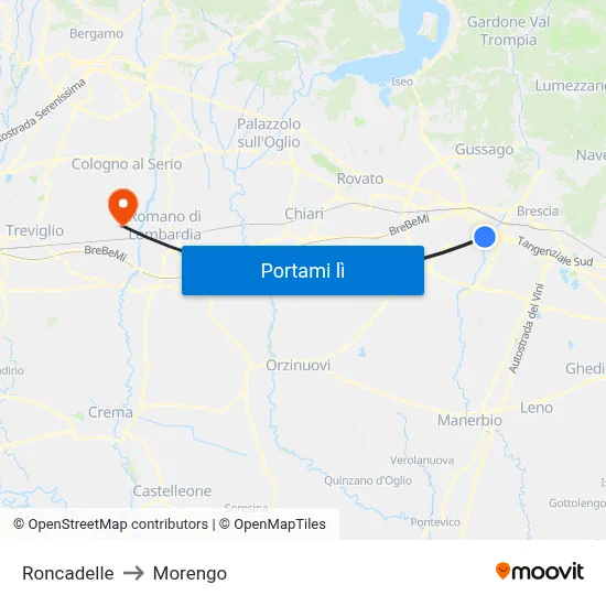 Roncadelle to Morengo map