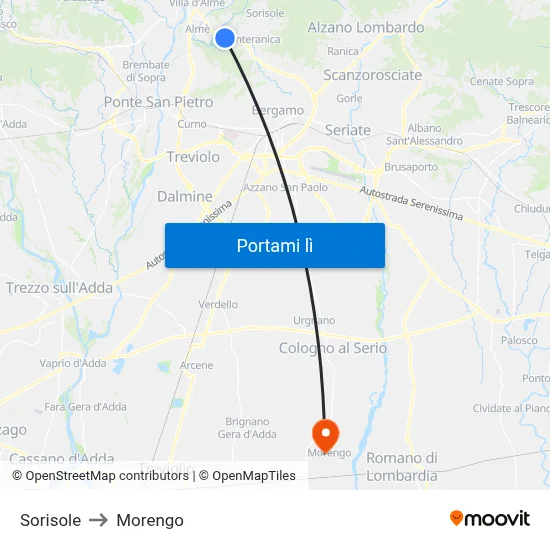 Sorisole to Morengo map