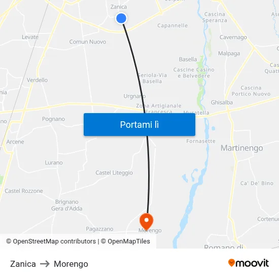 Zanica to Morengo map