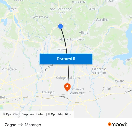 Zogno to Morengo map