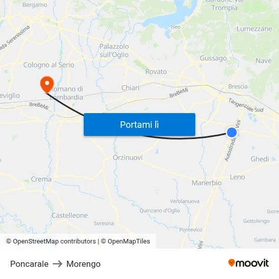 Poncarale to Morengo map