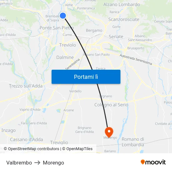 Valbrembo to Morengo map