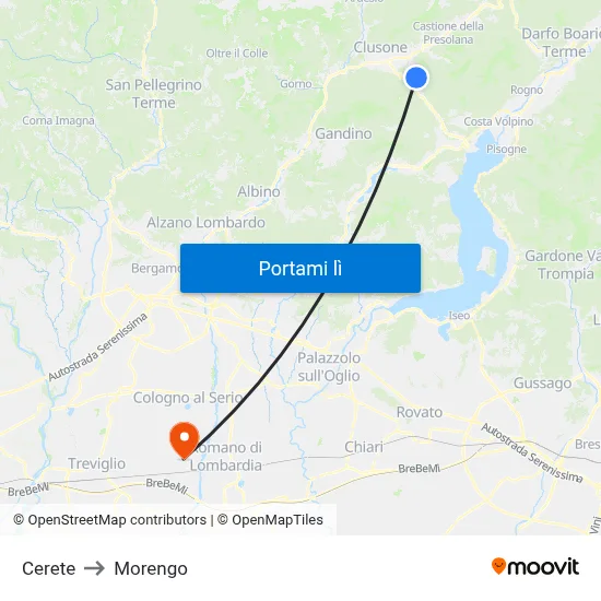 Cerete to Morengo map