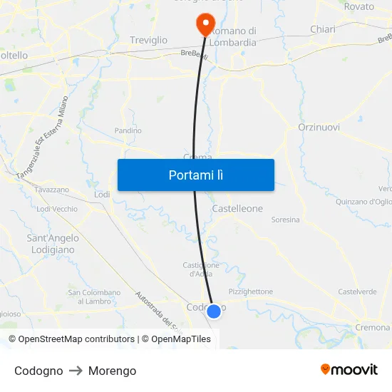 Codogno to Morengo map