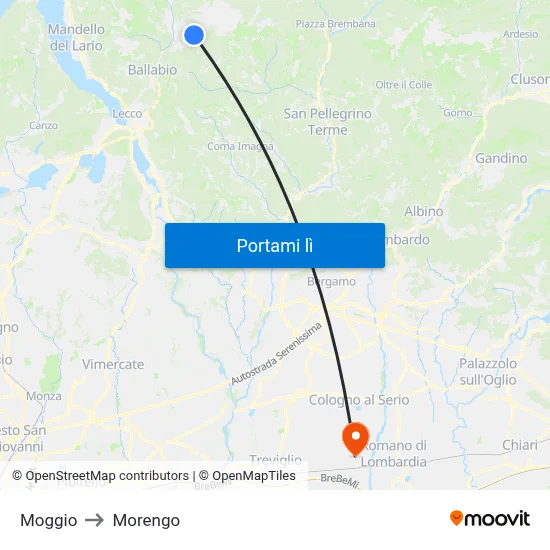 Moggio to Morengo map