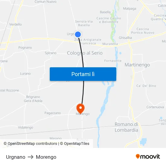 Urgnano to Morengo map
