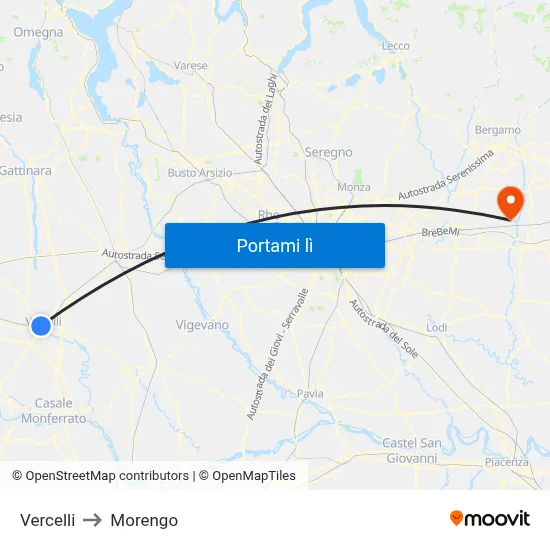 Vercelli to Morengo map