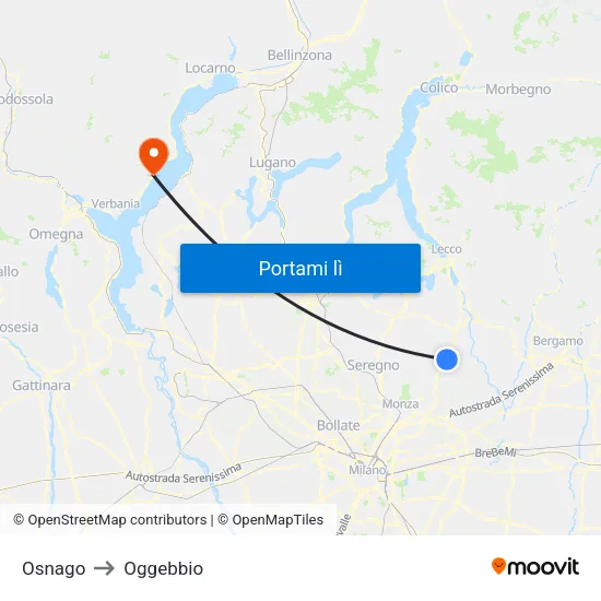 Osnago to Oggebbio map