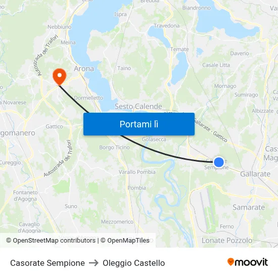 Casorate Sempione to Oleggio Castello map