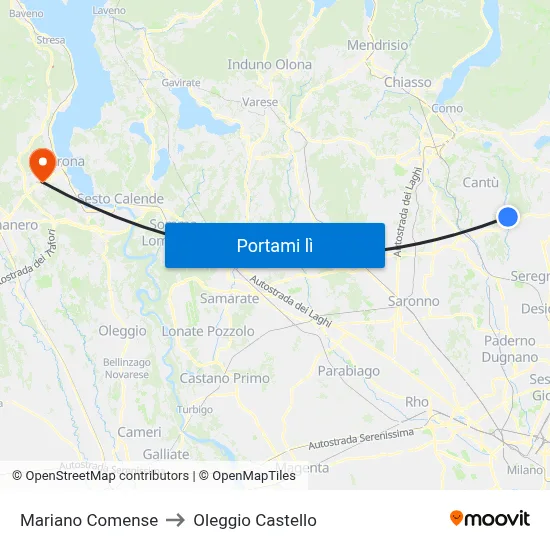Mariano Comense to Oleggio Castello map