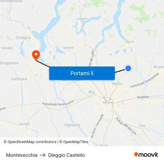 Montevecchia to Oleggio Castello map