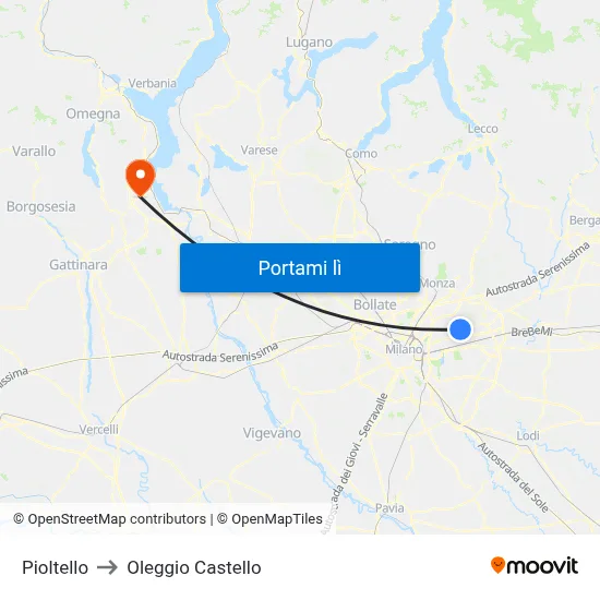 Pioltello to Oleggio Castello map