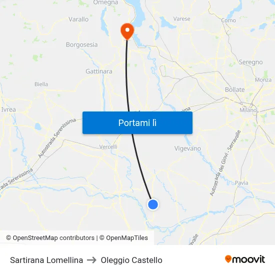 Sartirana Lomellina to Oleggio Castello map