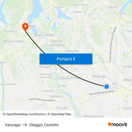 Vanzago to Oleggio Castello map