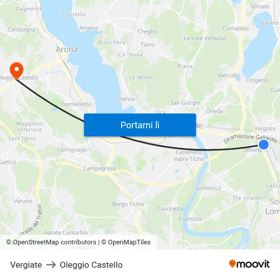 Vergiate to Oleggio Castello map