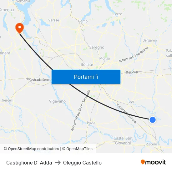 Castiglione D' Adda to Oleggio Castello map