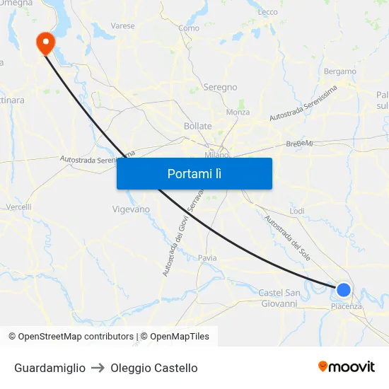 Guardamiglio to Oleggio Castello map