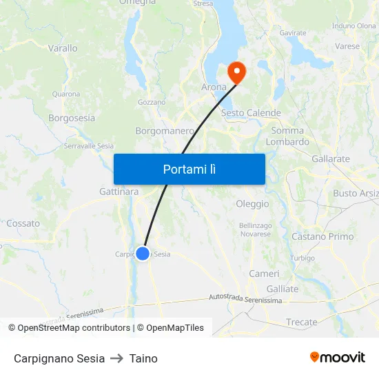 Carpignano Sesia to Taino map