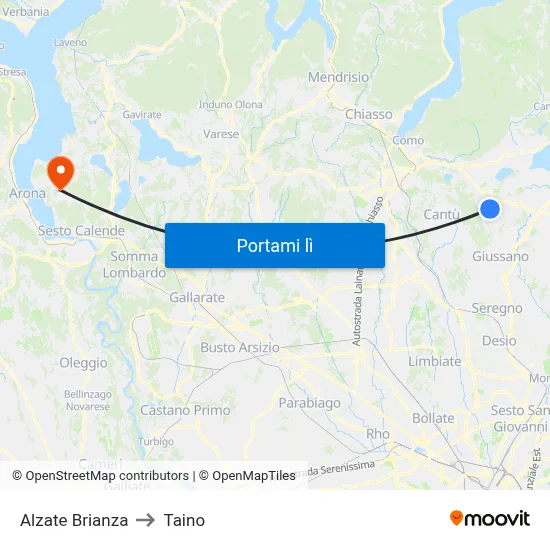 Alzate Brianza to Taino map