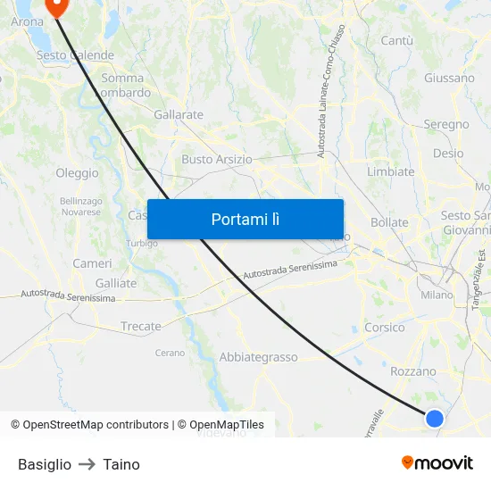 Basiglio to Taino map