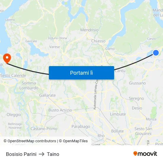 Bosisio Parini to Taino map