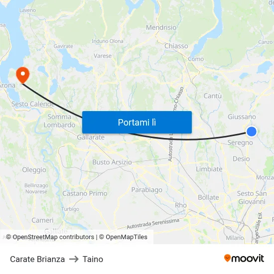 Carate Brianza to Taino map