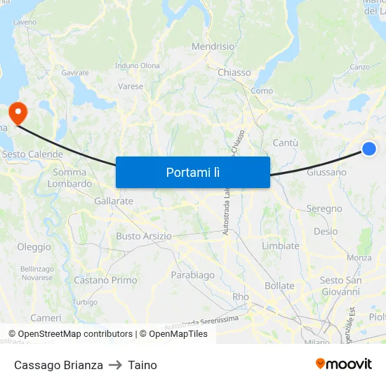 Cassago Brianza to Taino map