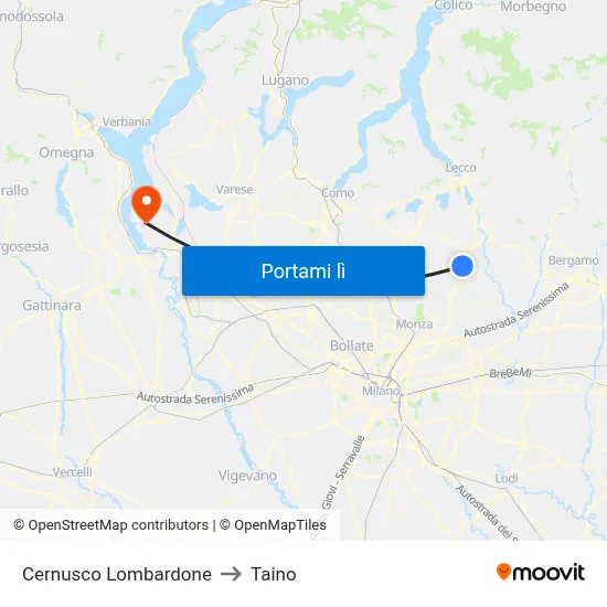 Cernusco Lombardone to Taino map