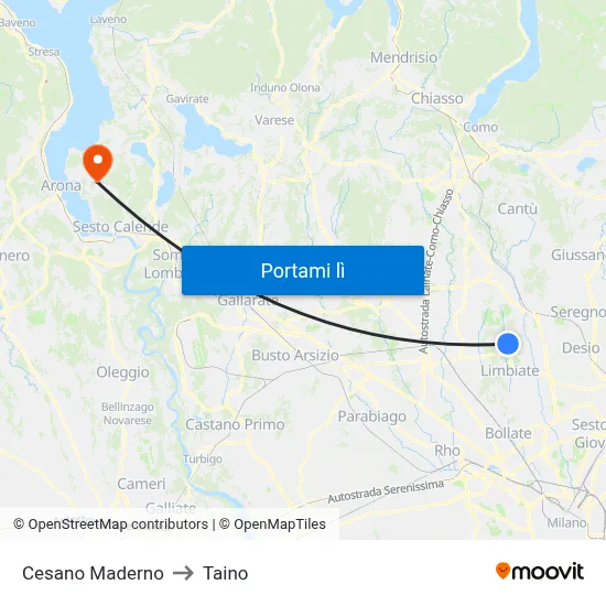 Cesano Maderno to Taino map