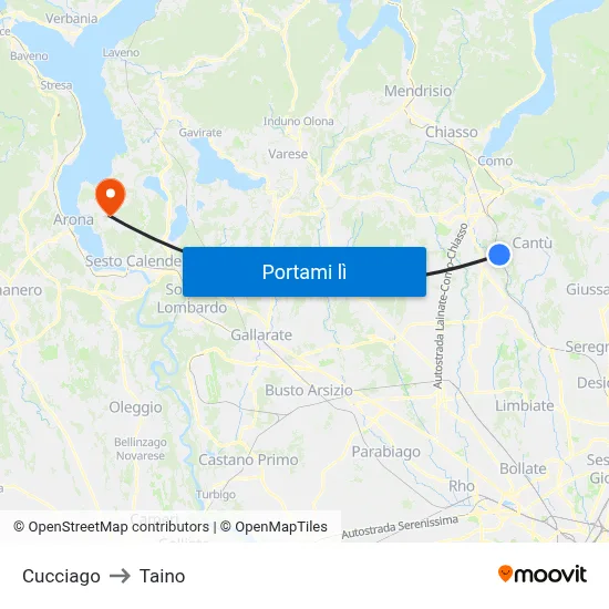 Cucciago to Taino map