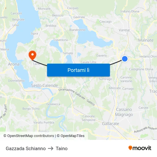 Gazzada Schianno to Taino map