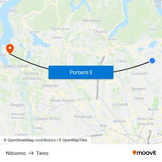 Nibionno to Taino map