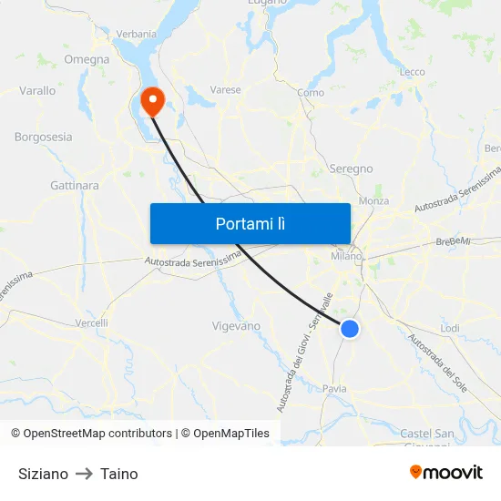 Siziano to Taino map