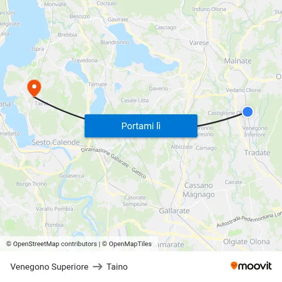 Venegono Superiore to Taino map