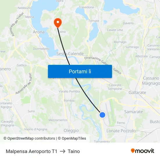 Malpensa Aeroporto T1 to Taino map