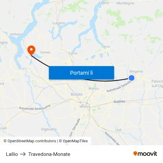 Lallio to Travedona-Monate map