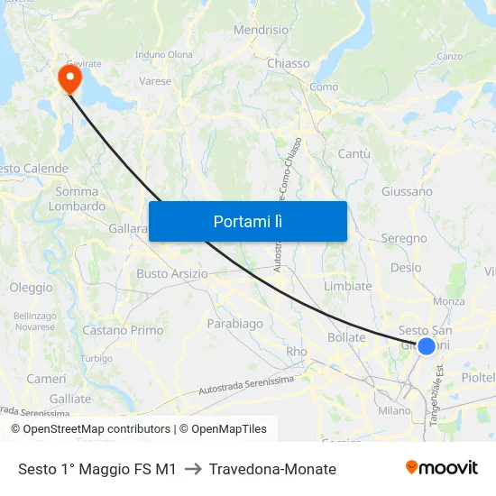 Sesto 1° Maggio FS M1 to Travedona-Monate map
