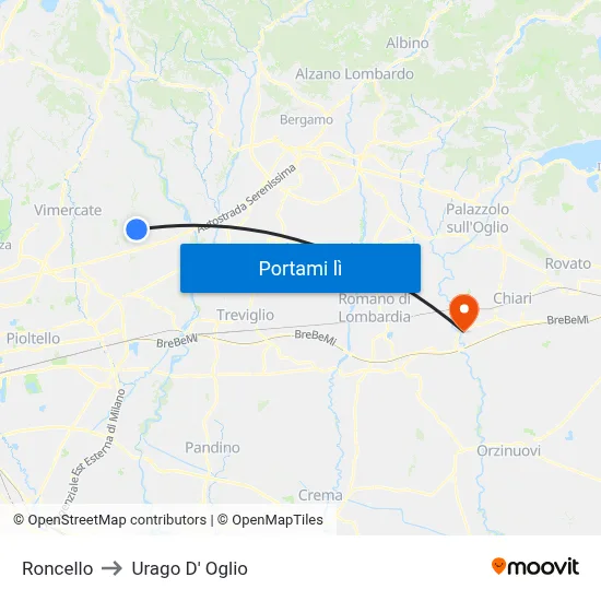 Roncello to Urago D' Oglio map