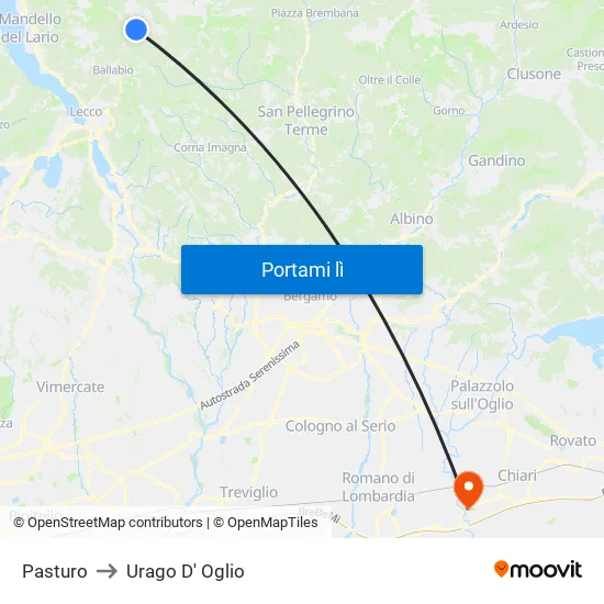 Pasturo to Urago D' Oglio map