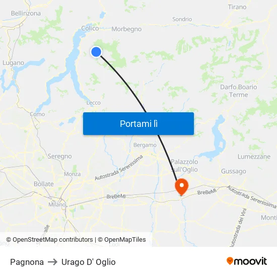 Pagnona to Urago D' Oglio map