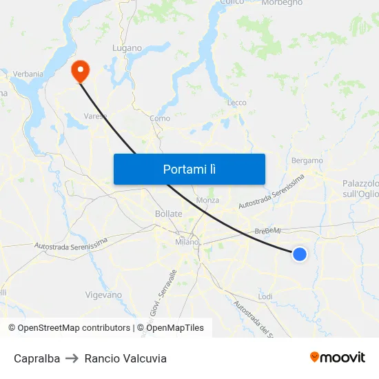 Capralba to Rancio Valcuvia map