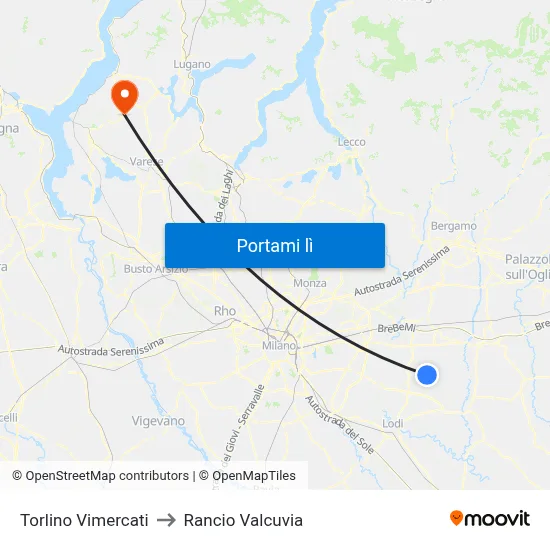 Torlino Vimercati to Rancio Valcuvia map