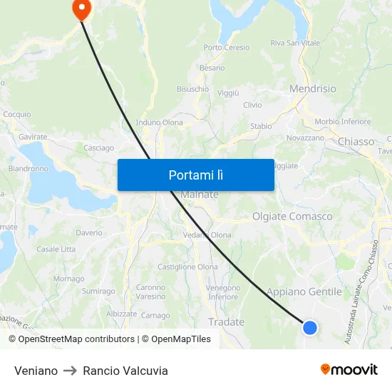 Veniano to Rancio Valcuvia map