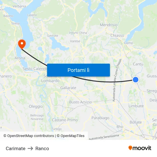 Carimate to Ranco map