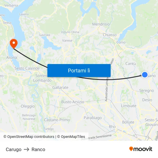 Carugo to Ranco map
